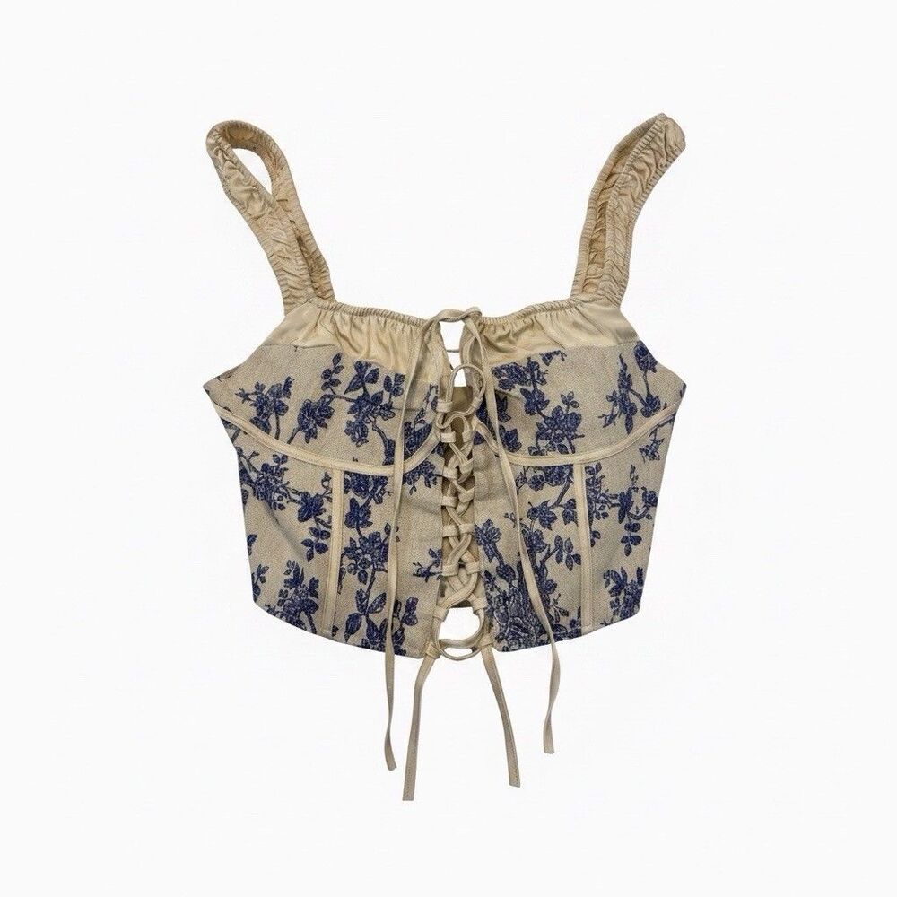 Corset Crop Top Womens M Blue Floral Cottagecore Tapestry Lace Up Festival Cider